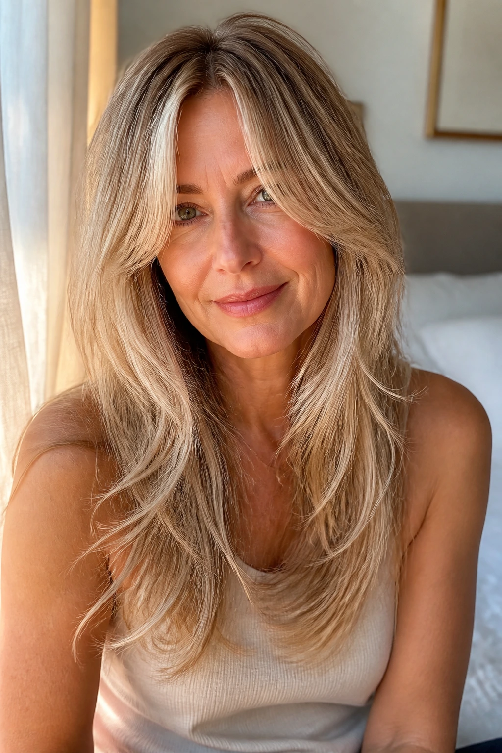 Real portrait of a woman with long layers and curtain bangs in a sunlit bedroom