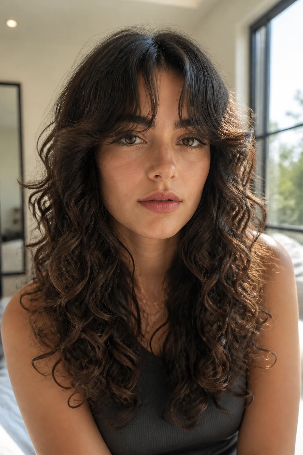 Close-up of a real woman with long curls and curtain bangs.