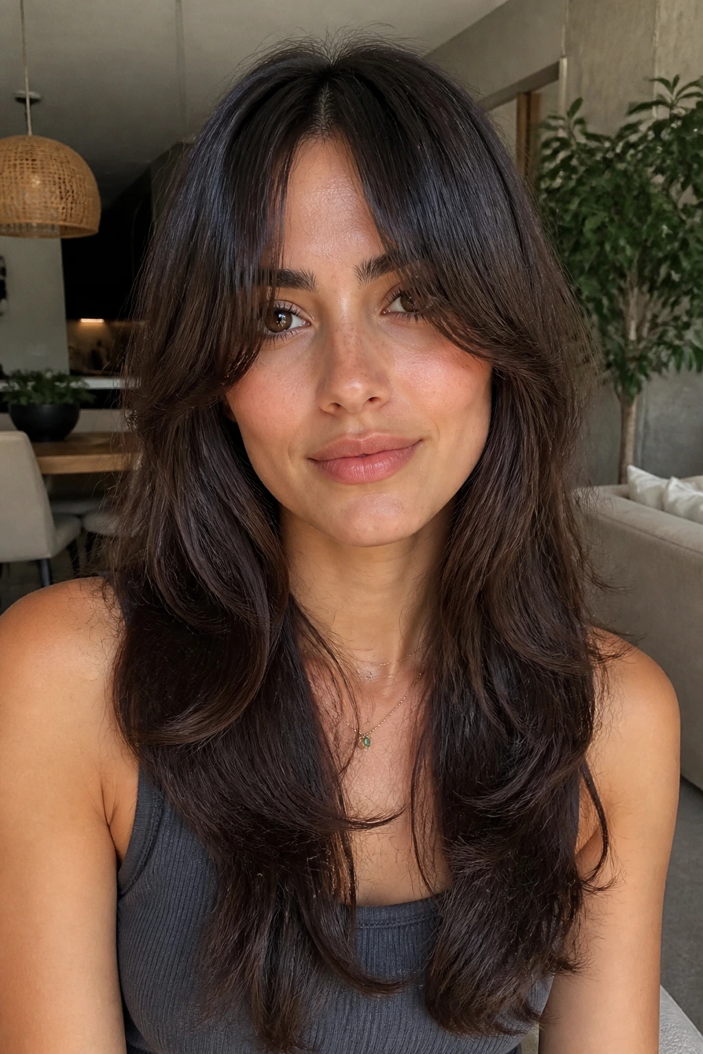 Close-up of a woman with long layers and curtain bangs