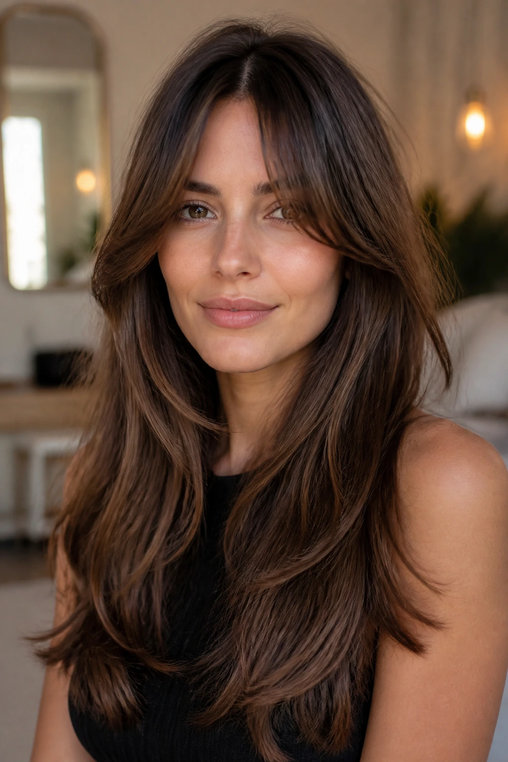 Portrait of woman with long layers and center-part curtain bangs