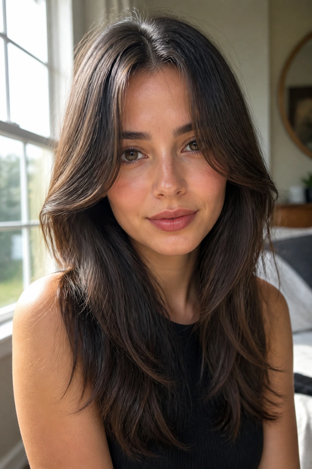 Close-up of a real woman with long layers and center-part curtain fringe