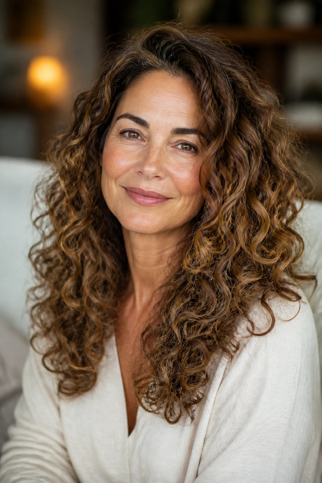 Close-up portrait of a real woman with long curls and curved ends