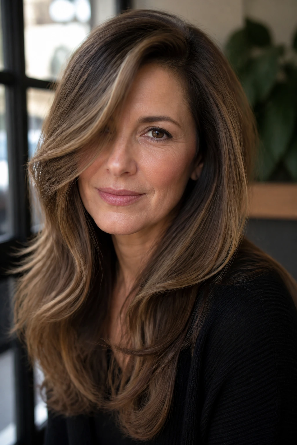 Real woman with long layers and a deep side part, soft lighting indoors