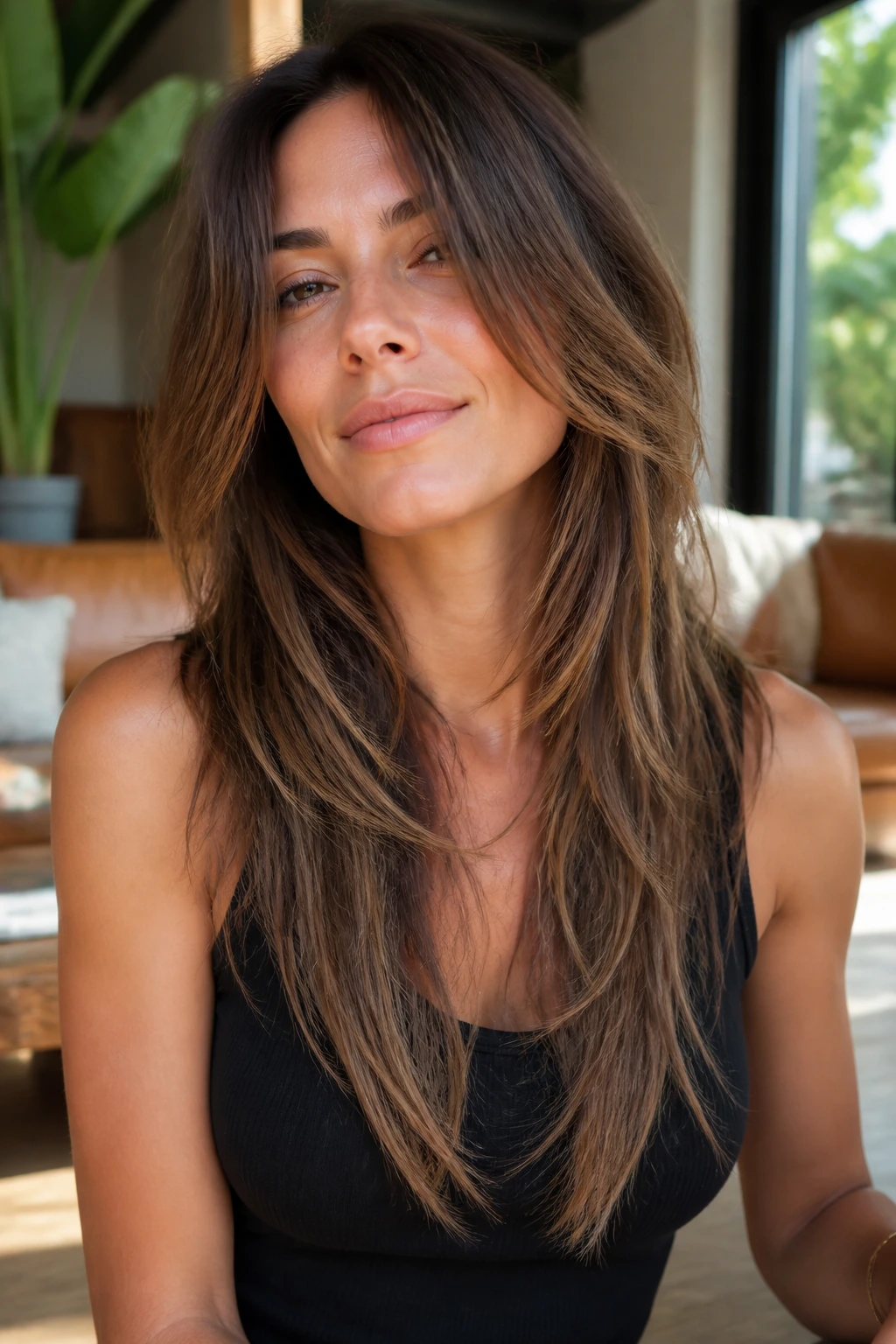 Real person with long hair showing point-cut ends in sunlit room