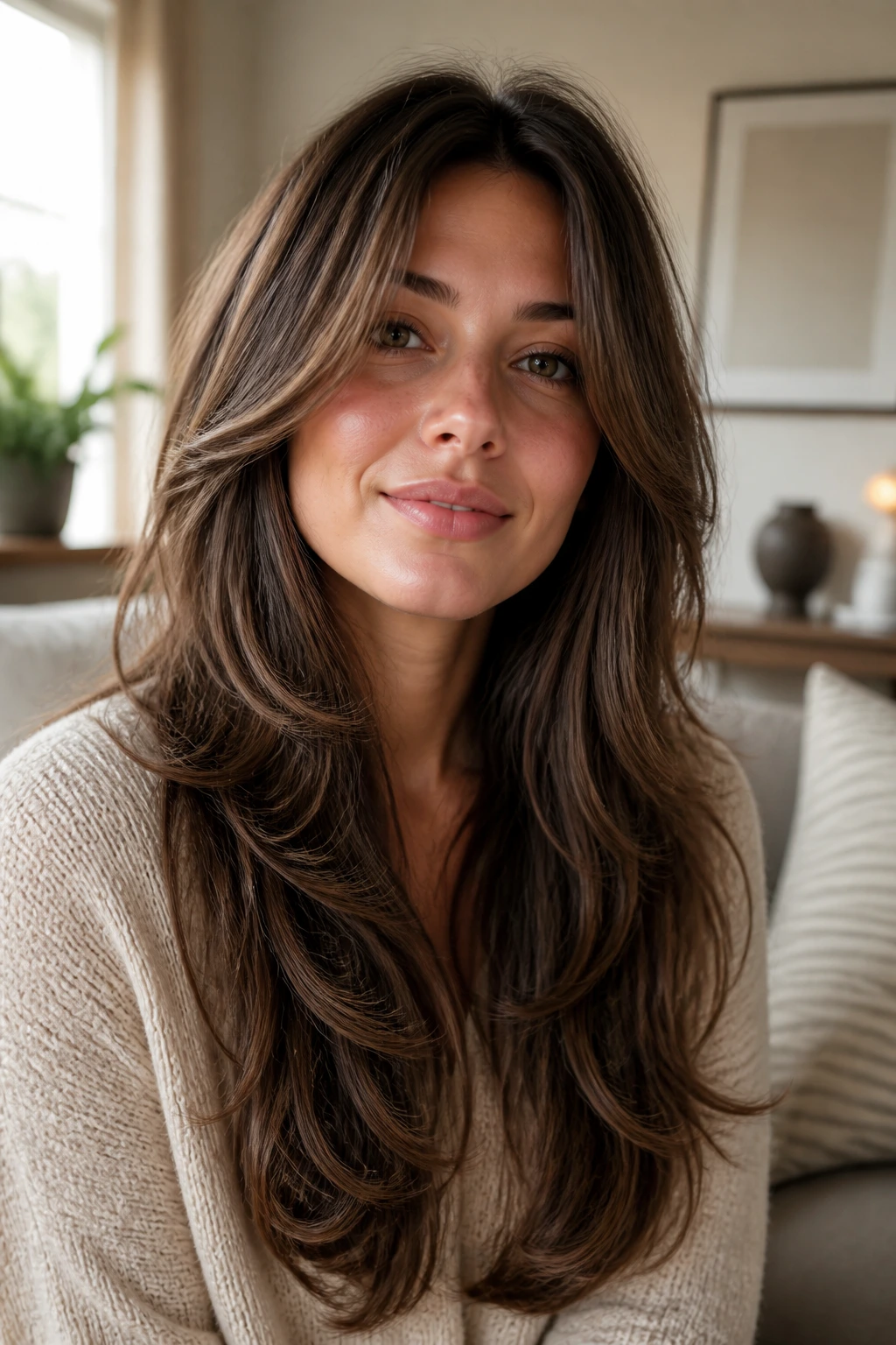 Portrait of a woman with conservative long layers and soft face frame