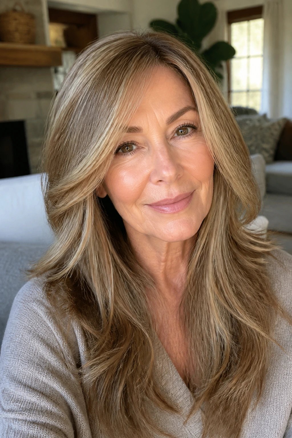 Close-up portrait of a woman with long layers framing the face.