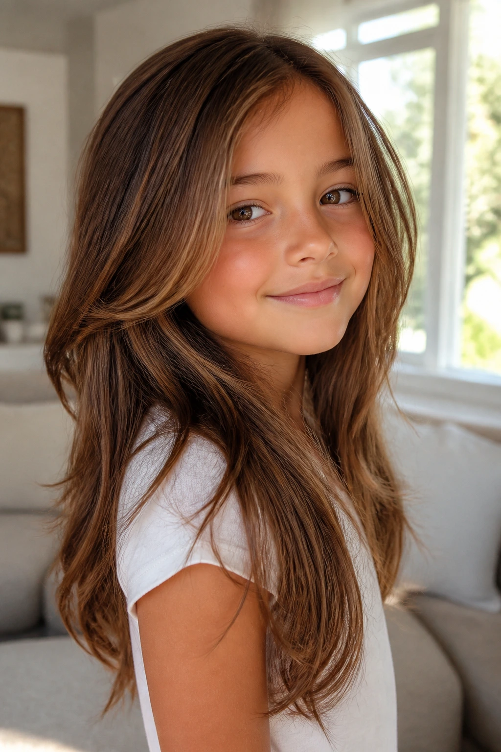 Child with long layers and face-framing pieces in a sunlit room