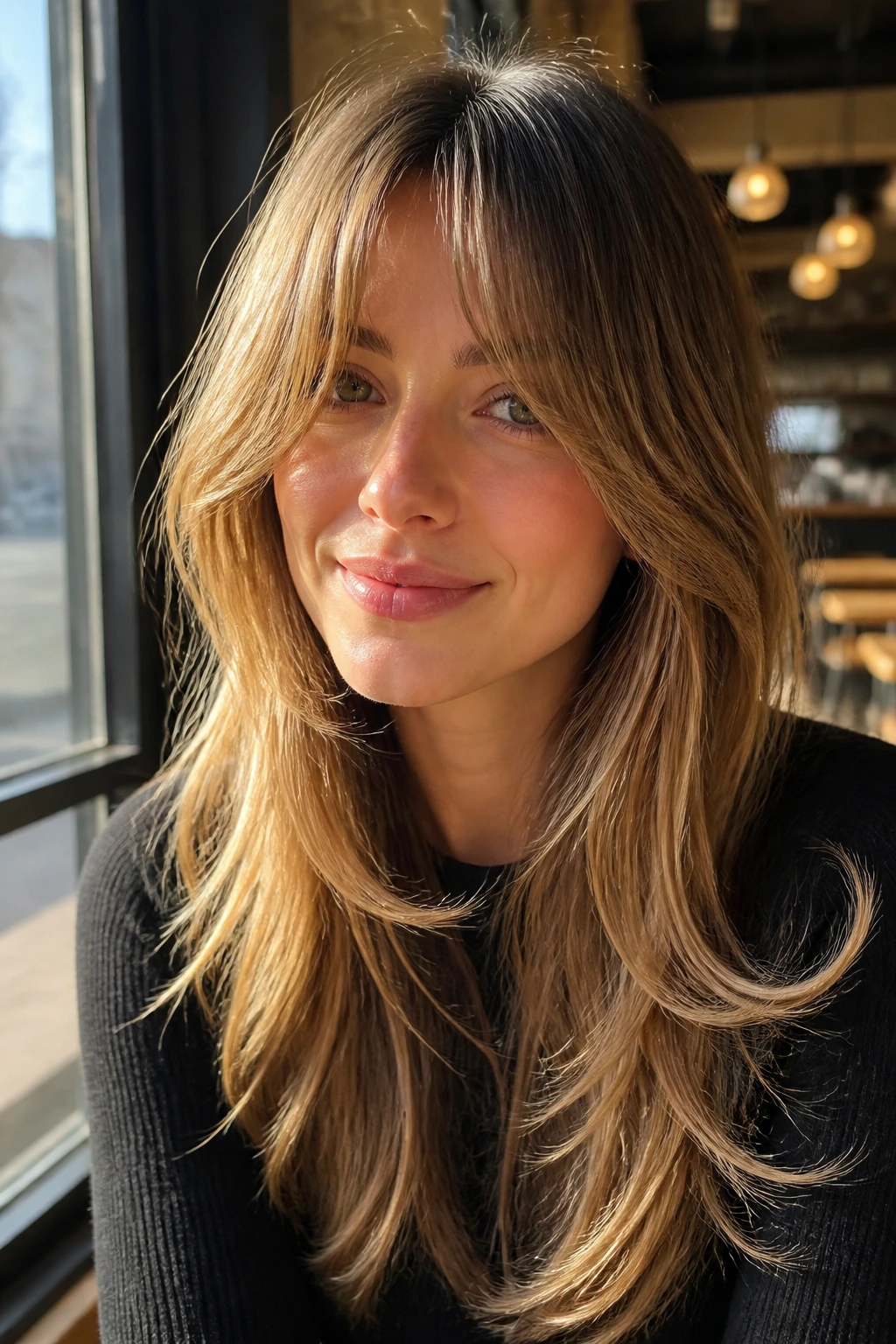 Close-up of a real person with long layers and curtain bangs in natural light.