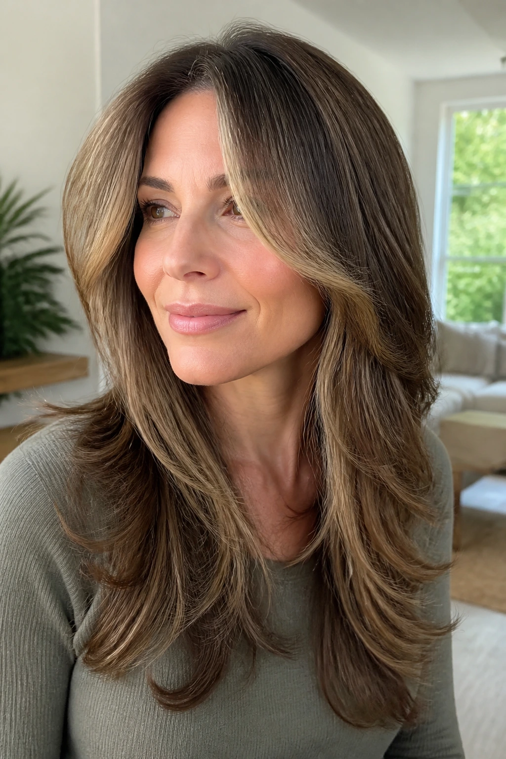 Close-up of a real woman with long layers and face-framing pieces