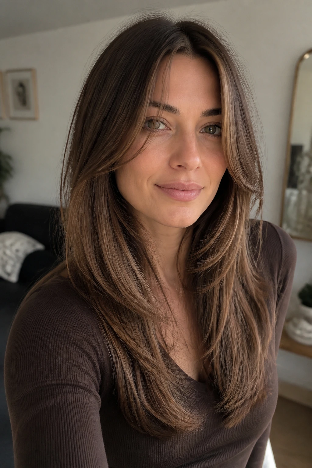 Real woman with long layers and face-framing pieces.