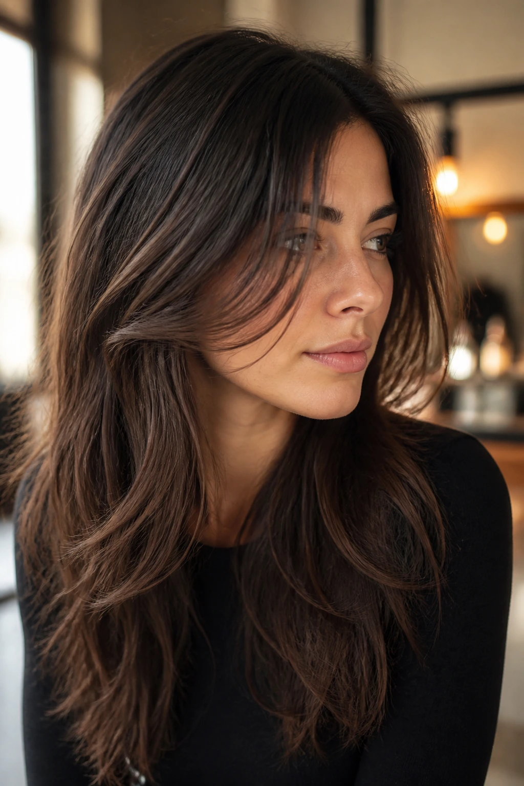 Close-up of a real person with long layers and face-framing pieces