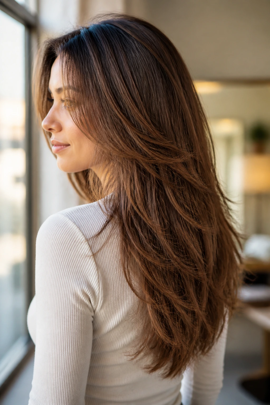 Portrait of a real woman with long feathered layers and a V-shaped back