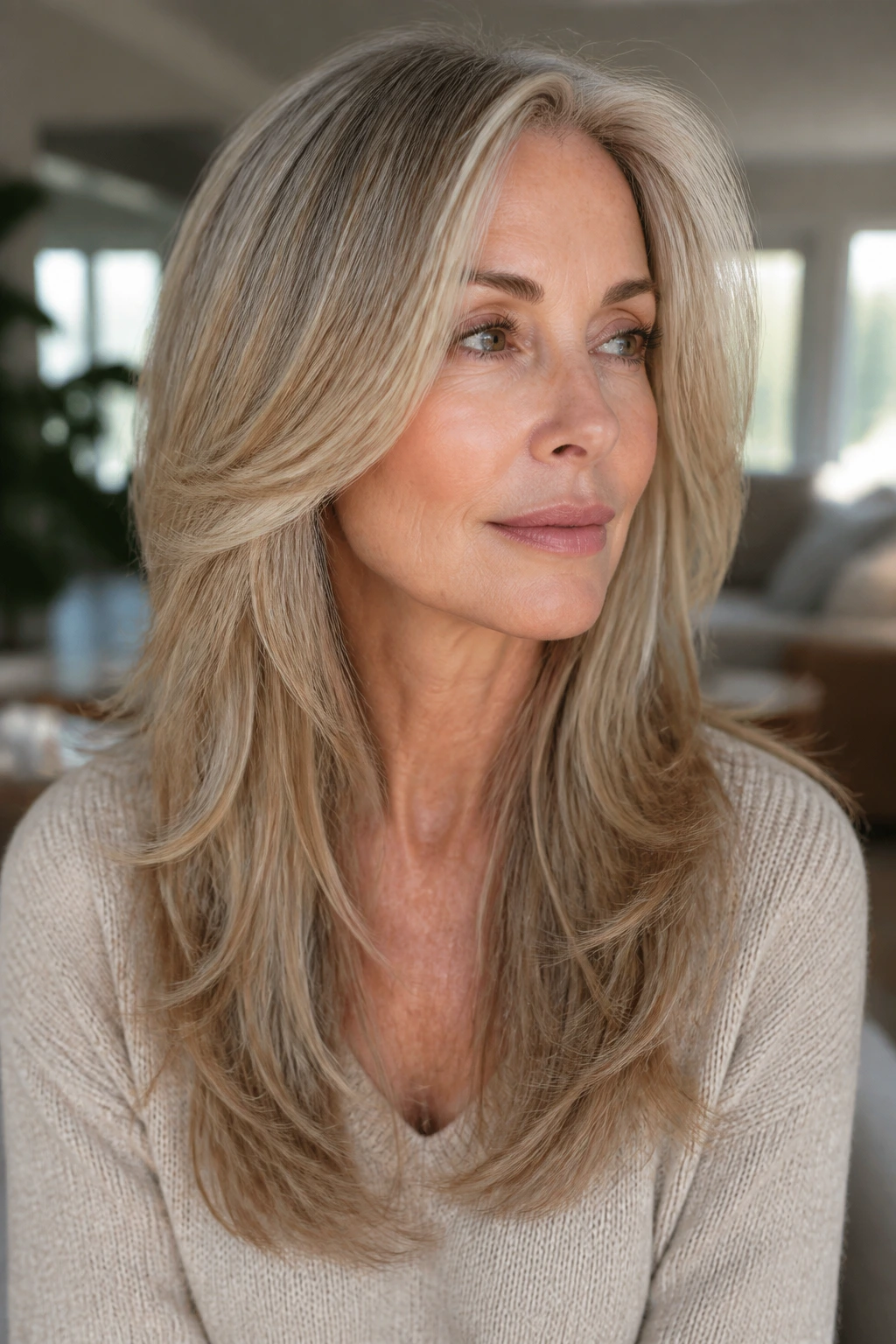 Close-up of a real woman with long layers for fine hair in a softly lit room.