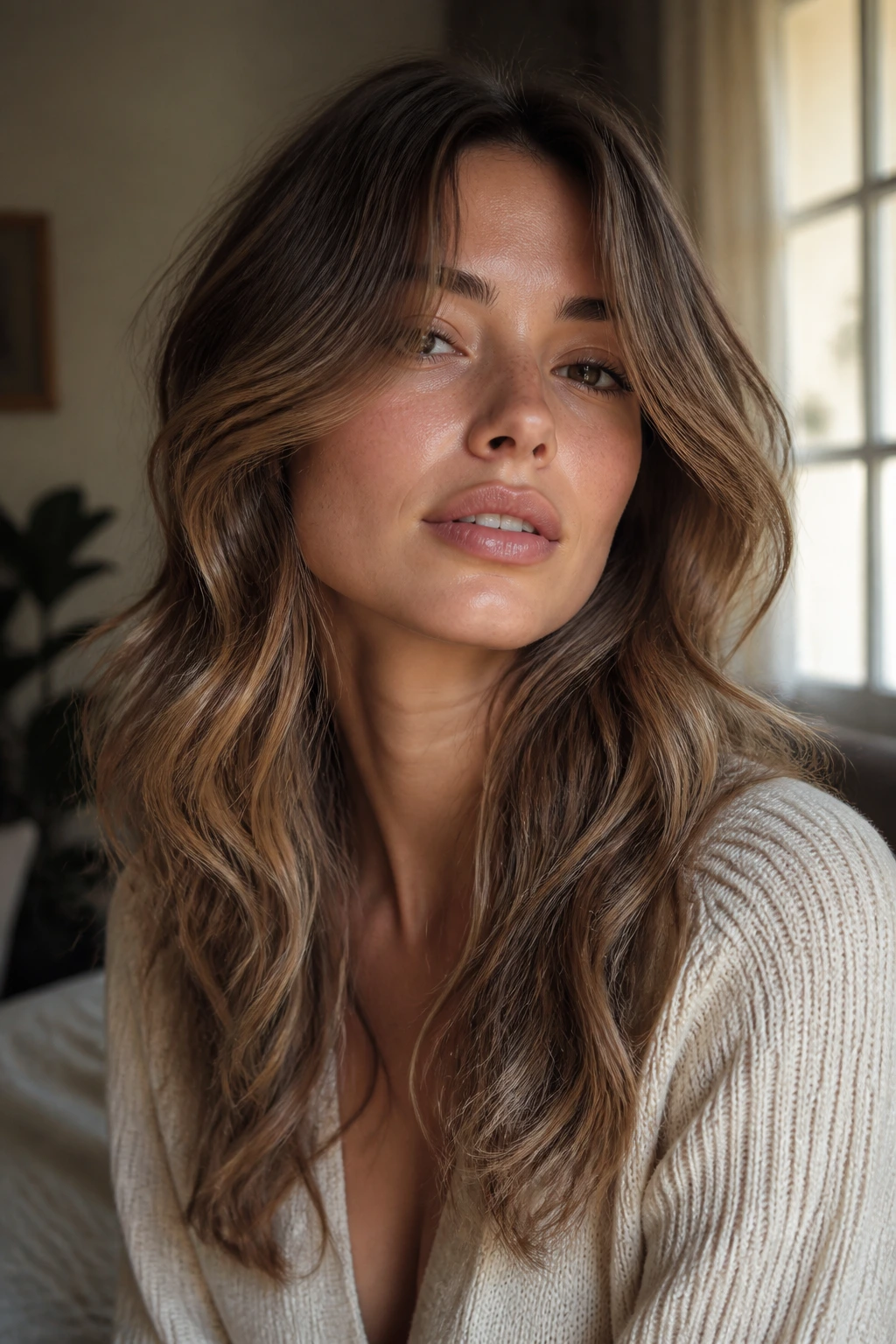 Close-up of a real woman with long layers on fine waves