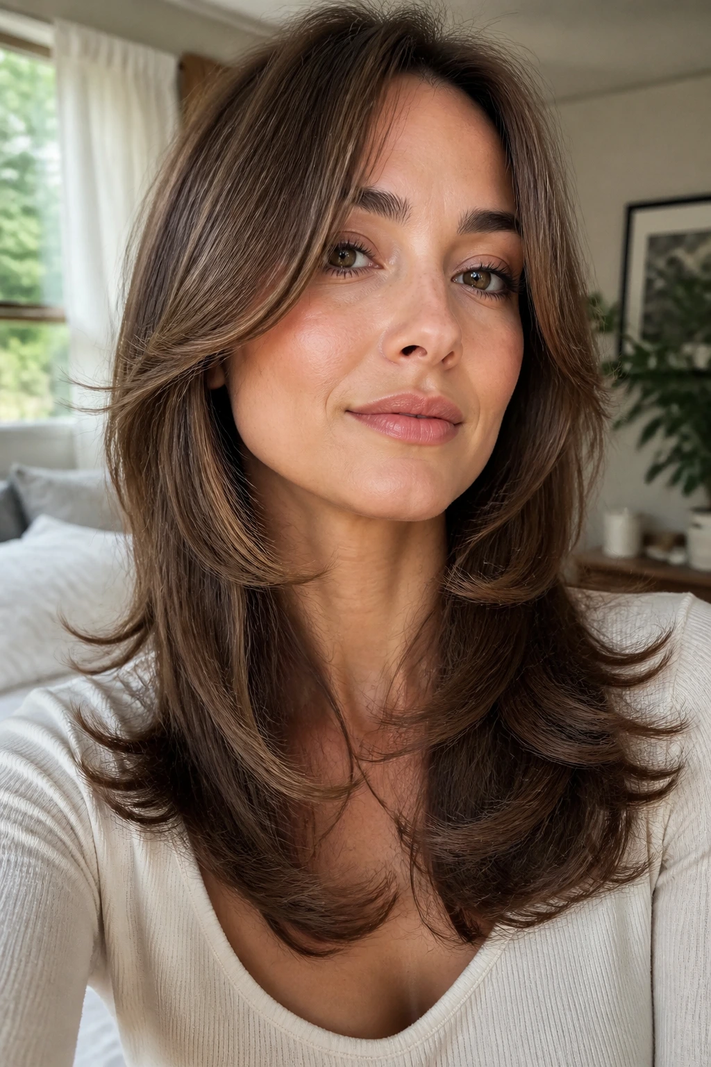 Close-up of a real woman with long layered hair flipping outward at the jawline under natural window light