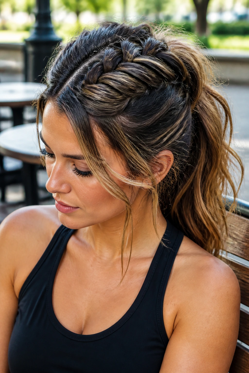 Close-up of real woman with long layered hair and a tight French braid with face-framing pieces