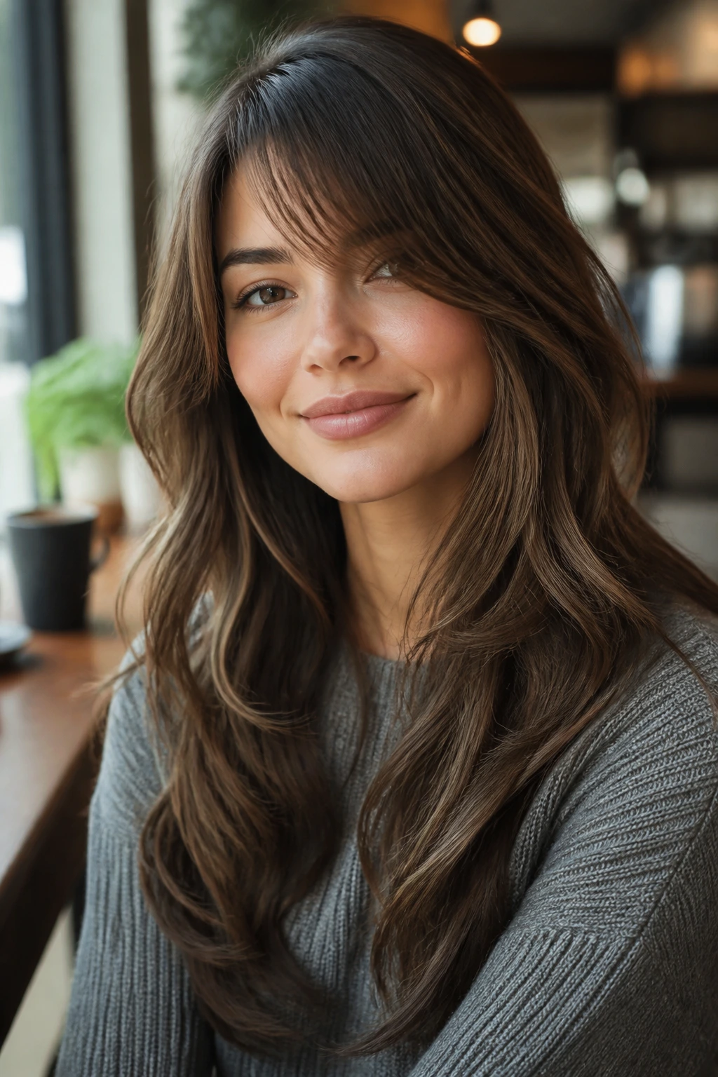 Portrait of a woman with long layers and a side-swept fringe