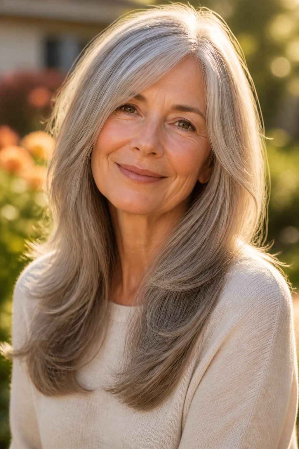 Portrait of woman with long layered hair and full ends in golden hour light