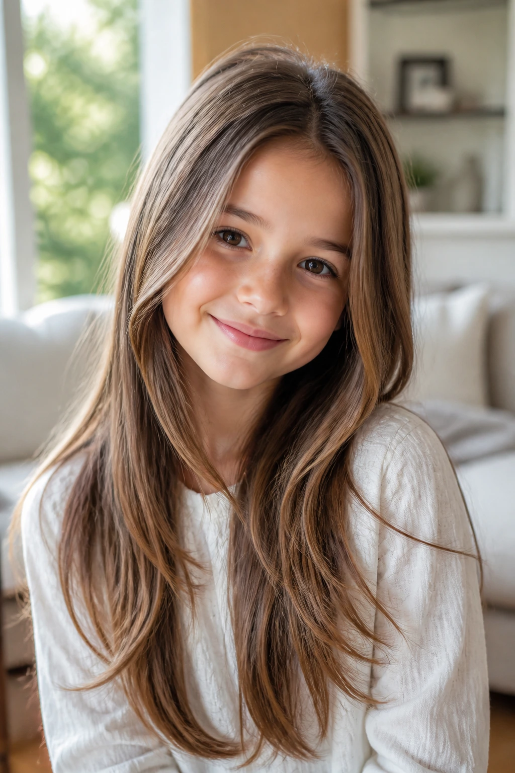 Close-up of a girl with long layered hair indoors by a window