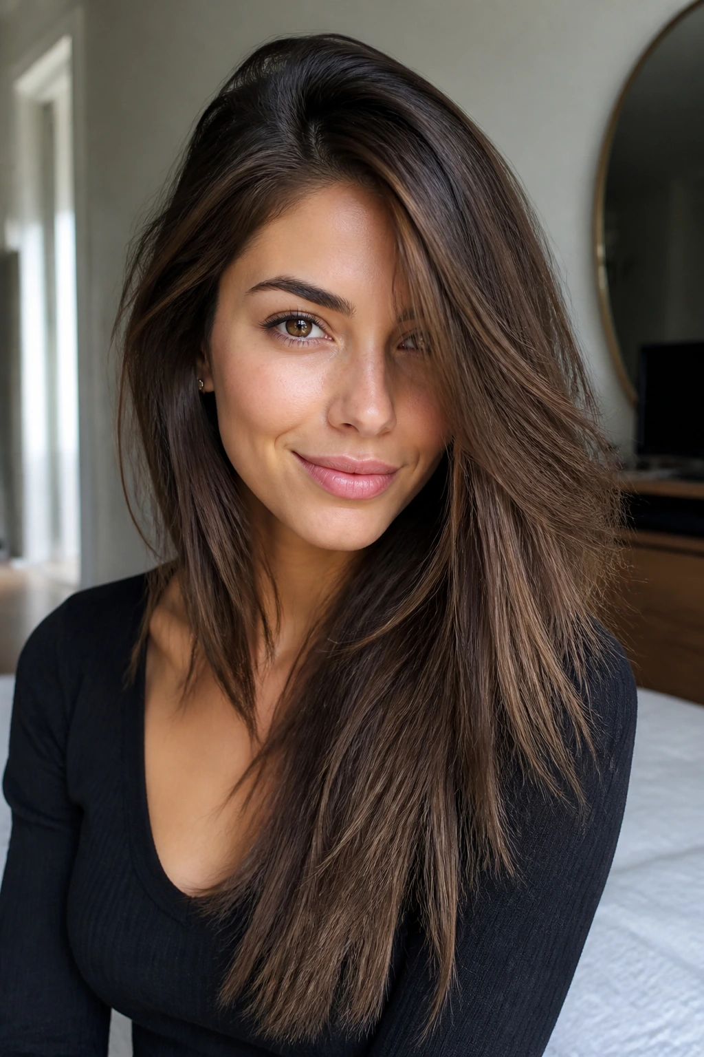 Portrait of a real person showing long asymmetrical layers with a longer front piece.