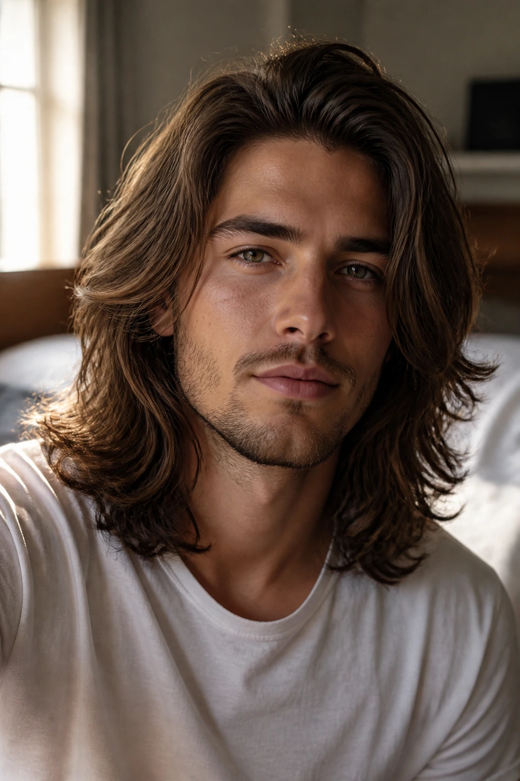 Close-up of a person with long layered hair in a softly lit room