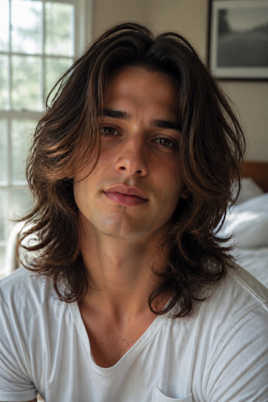 Close-up of a person with long layered hair and soft waves in natural window light
