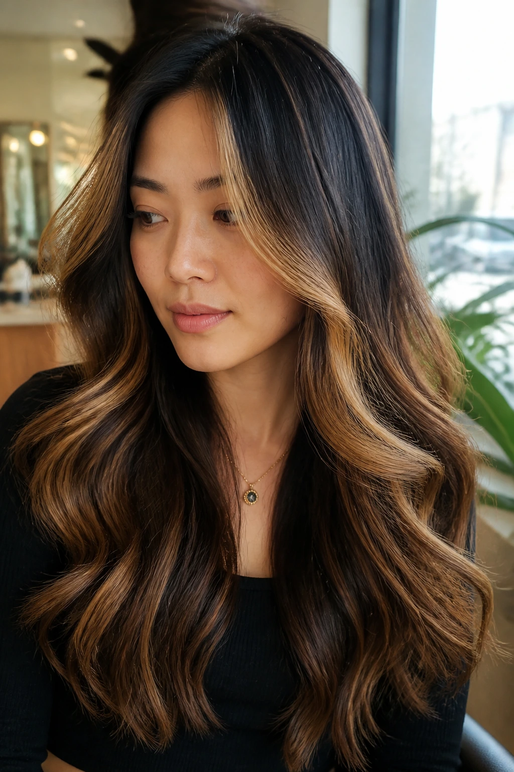 Woman with long layered waves and moving caramel-honey highlight ribbons.