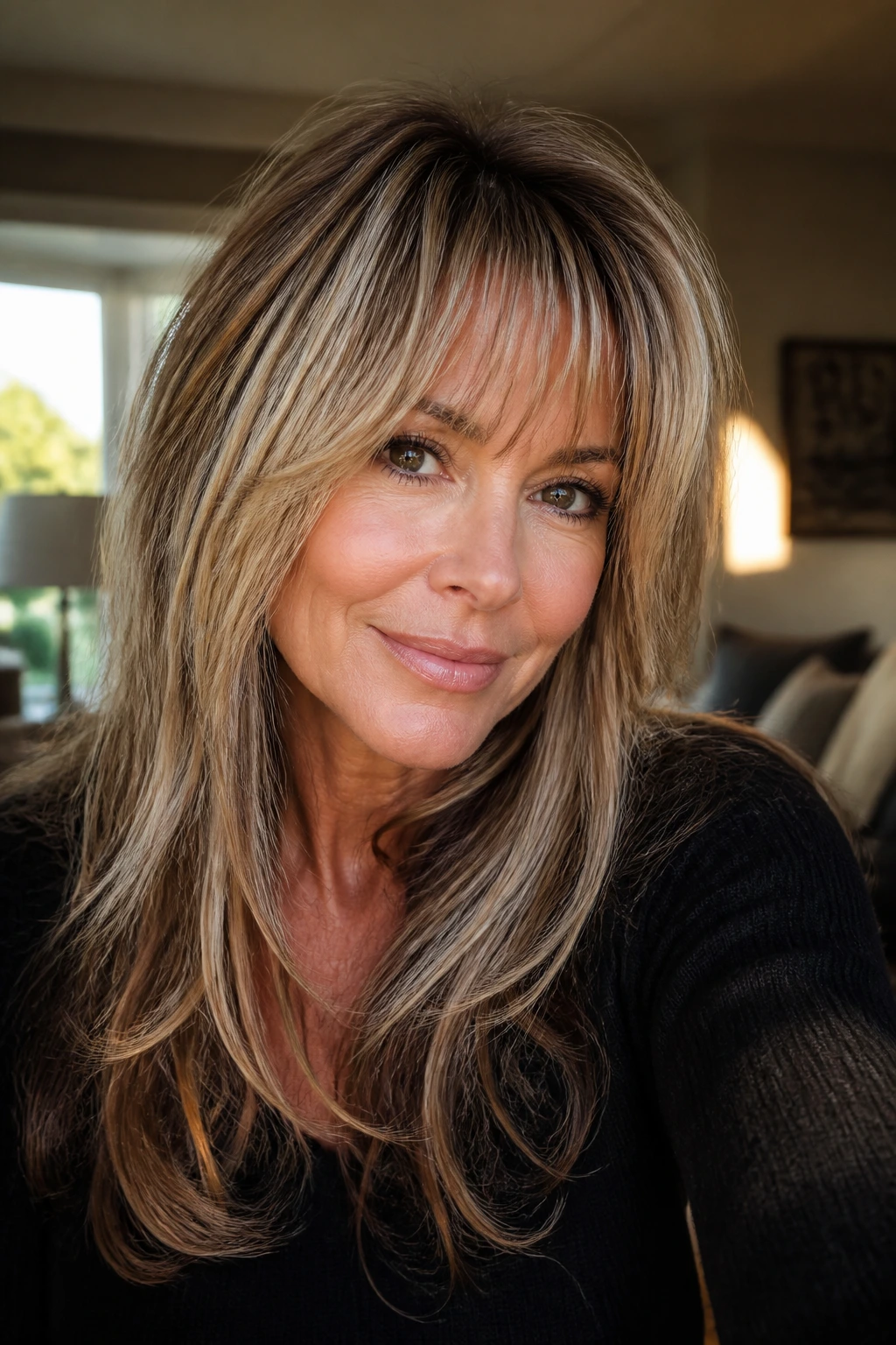 Real woman with long layered hair and highlighted feathered bangs
