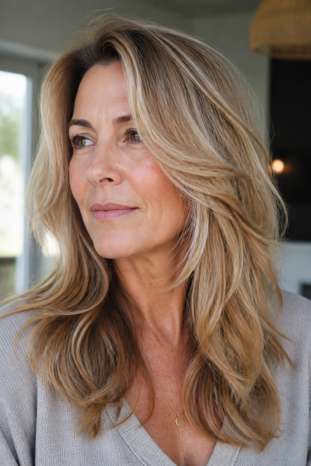Woman with long layers and loose waves