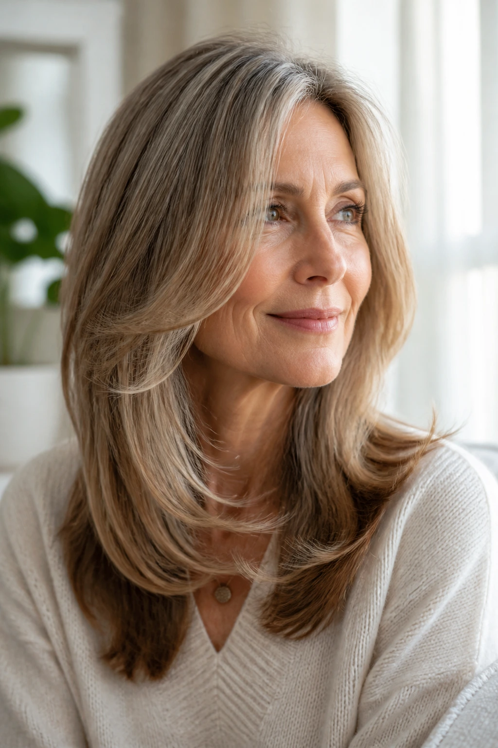 Portrait of a real woman with long mid-length layered hair.