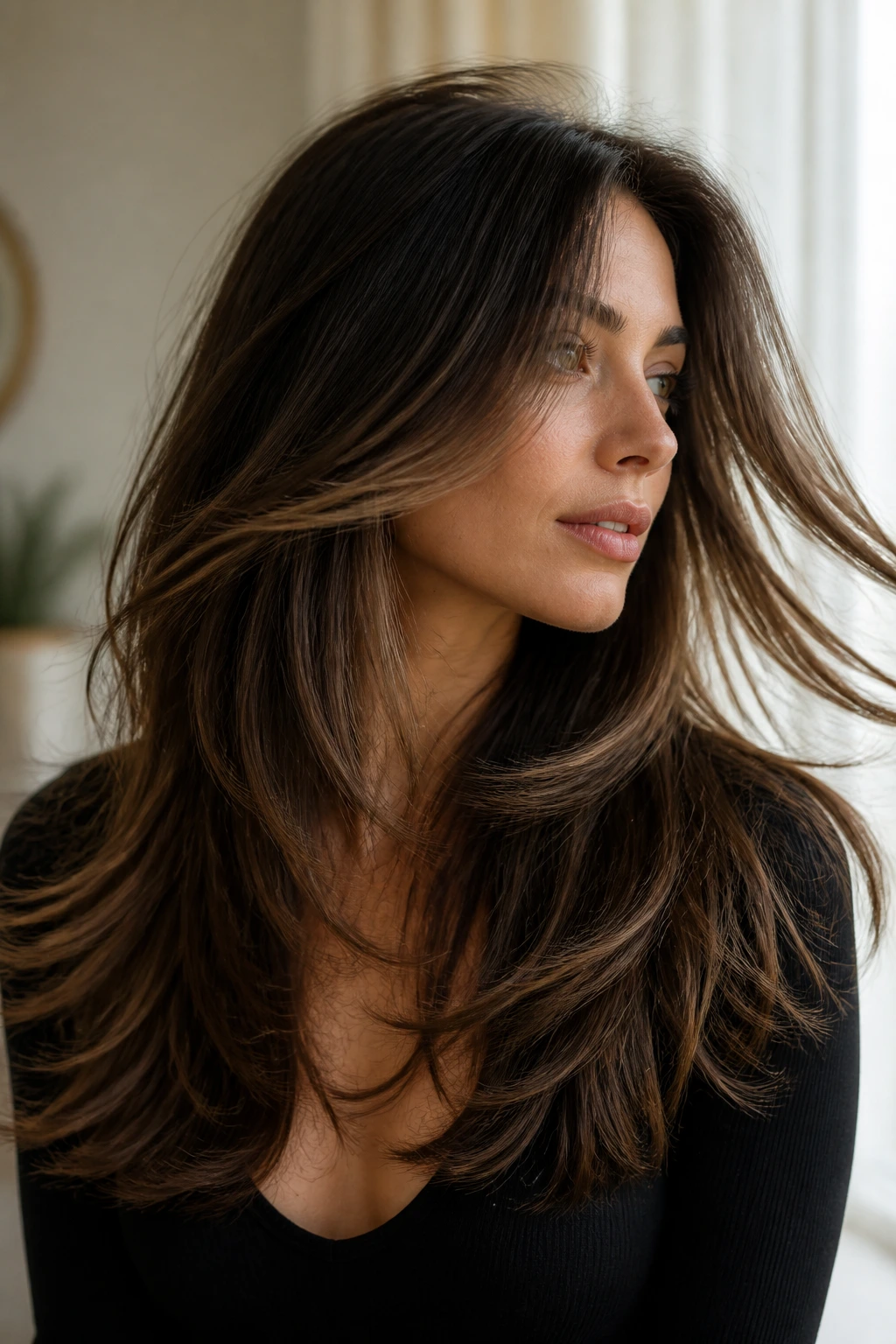 Portrait of a woman with long layered hair in motion under natural light