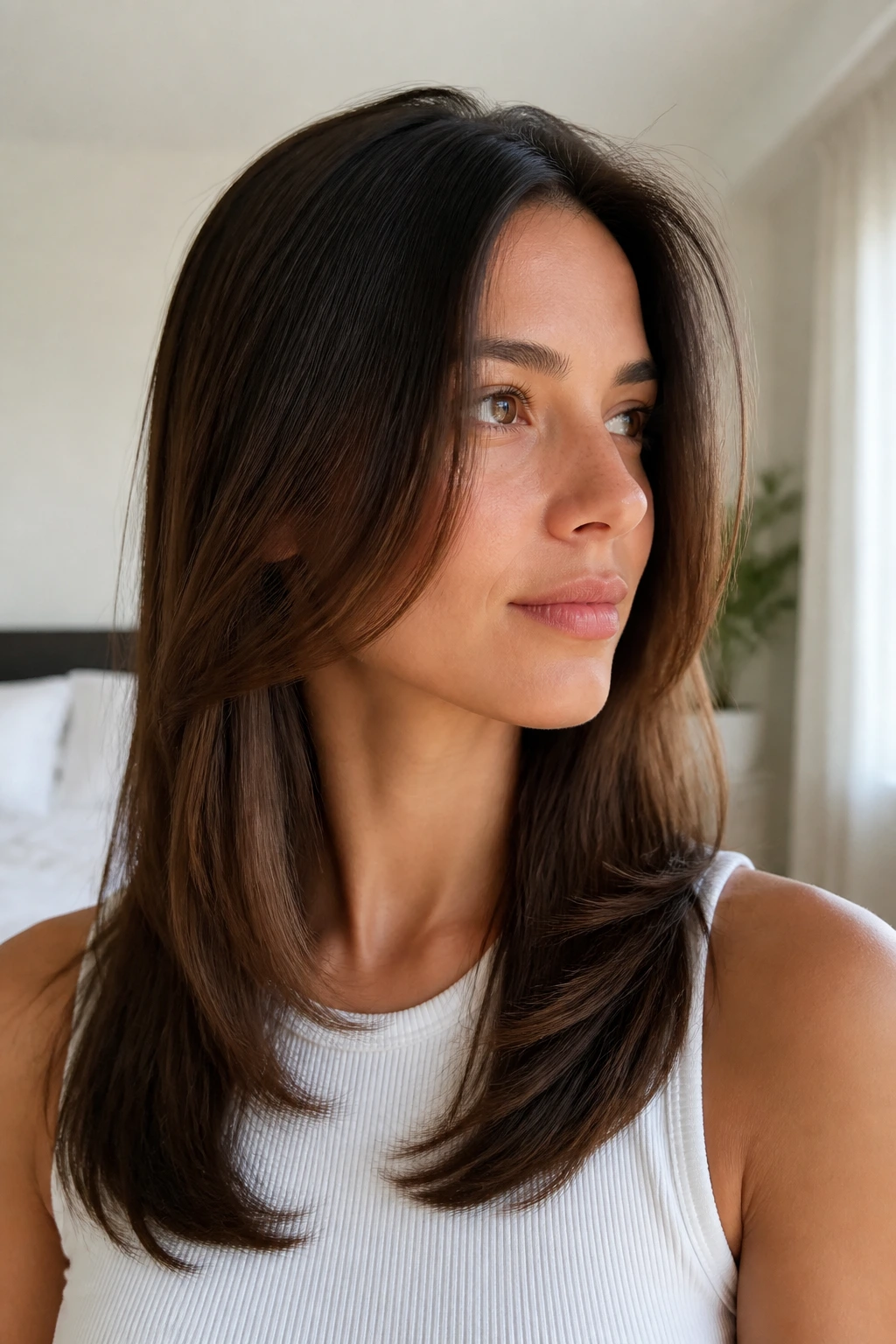 Real person with long layers creating gentle movement in straight hair.