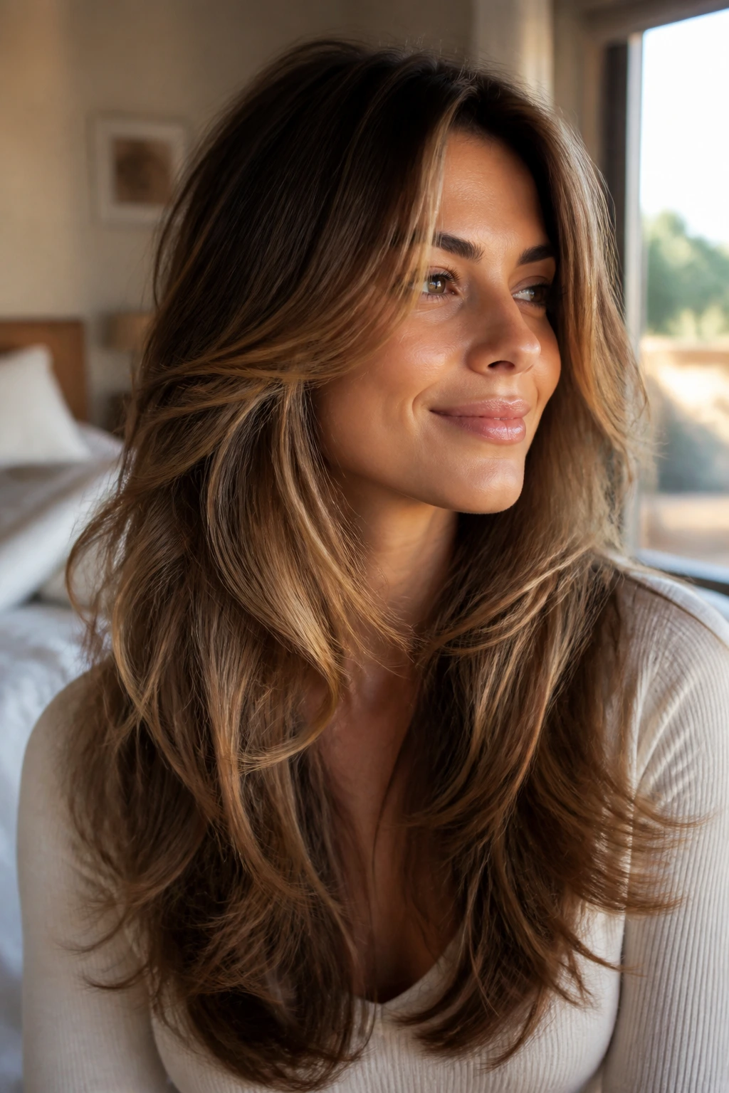 Close-up portrait of a woman with long layered hair styled for soft movement