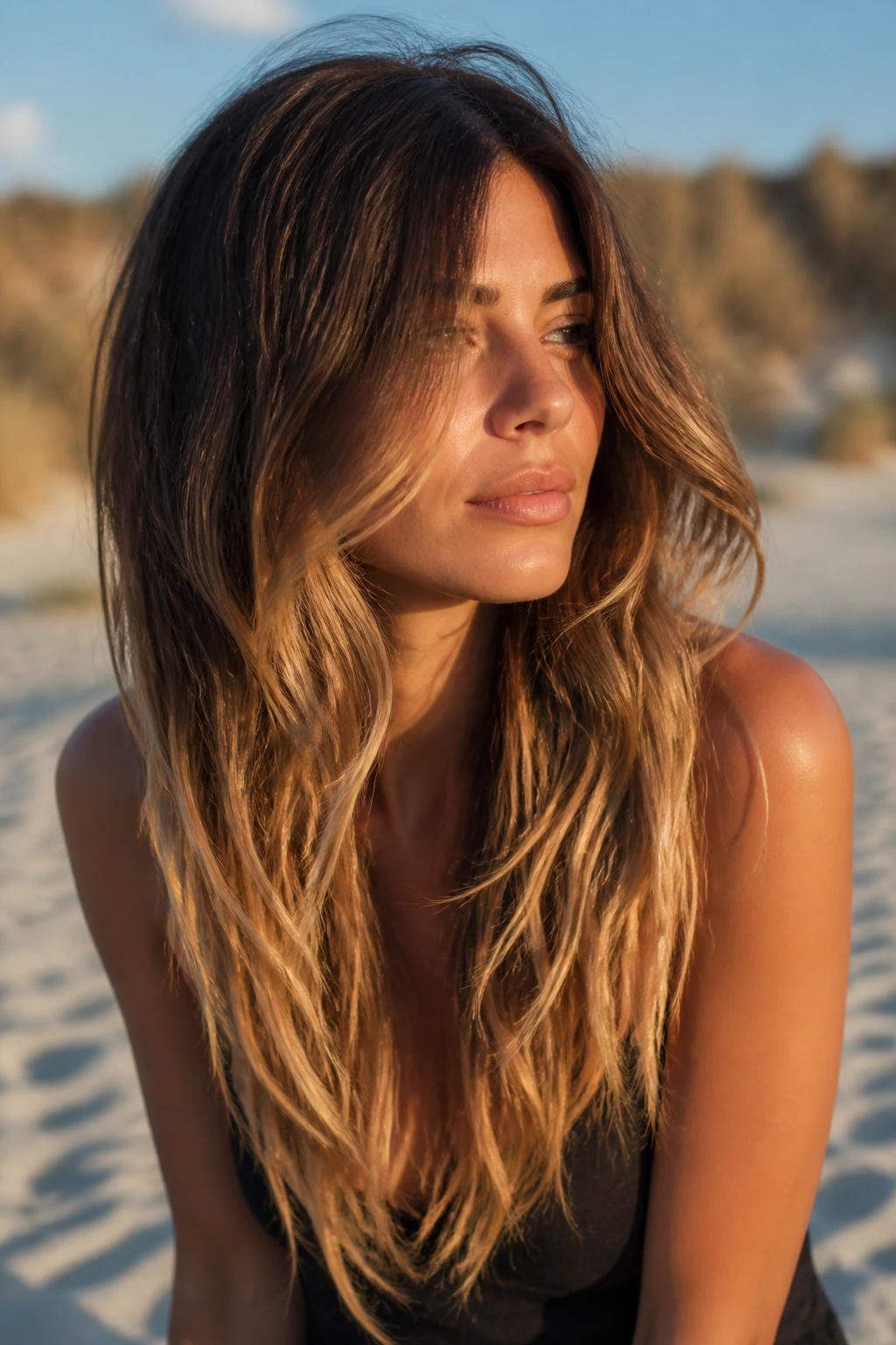 Portrait of woman with long layered beach fade, deep roots to light ends, sunlit waves