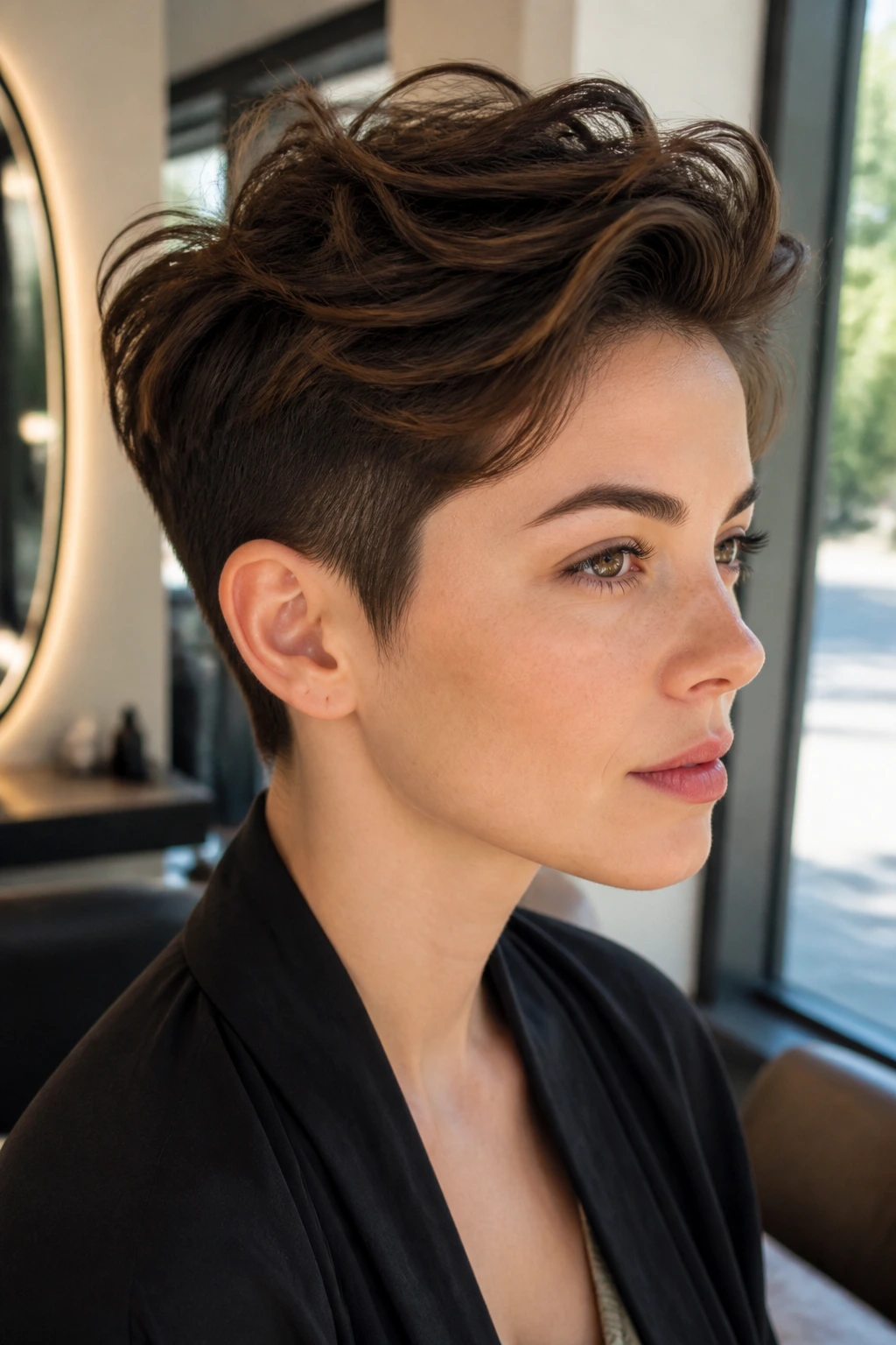 Portrait of a real person with long top layers and short sides in a bright salon.