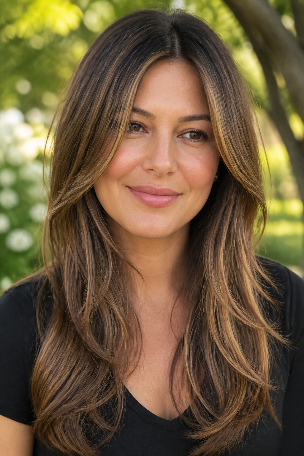 Portrait of a real woman with long vertical layers for a round face