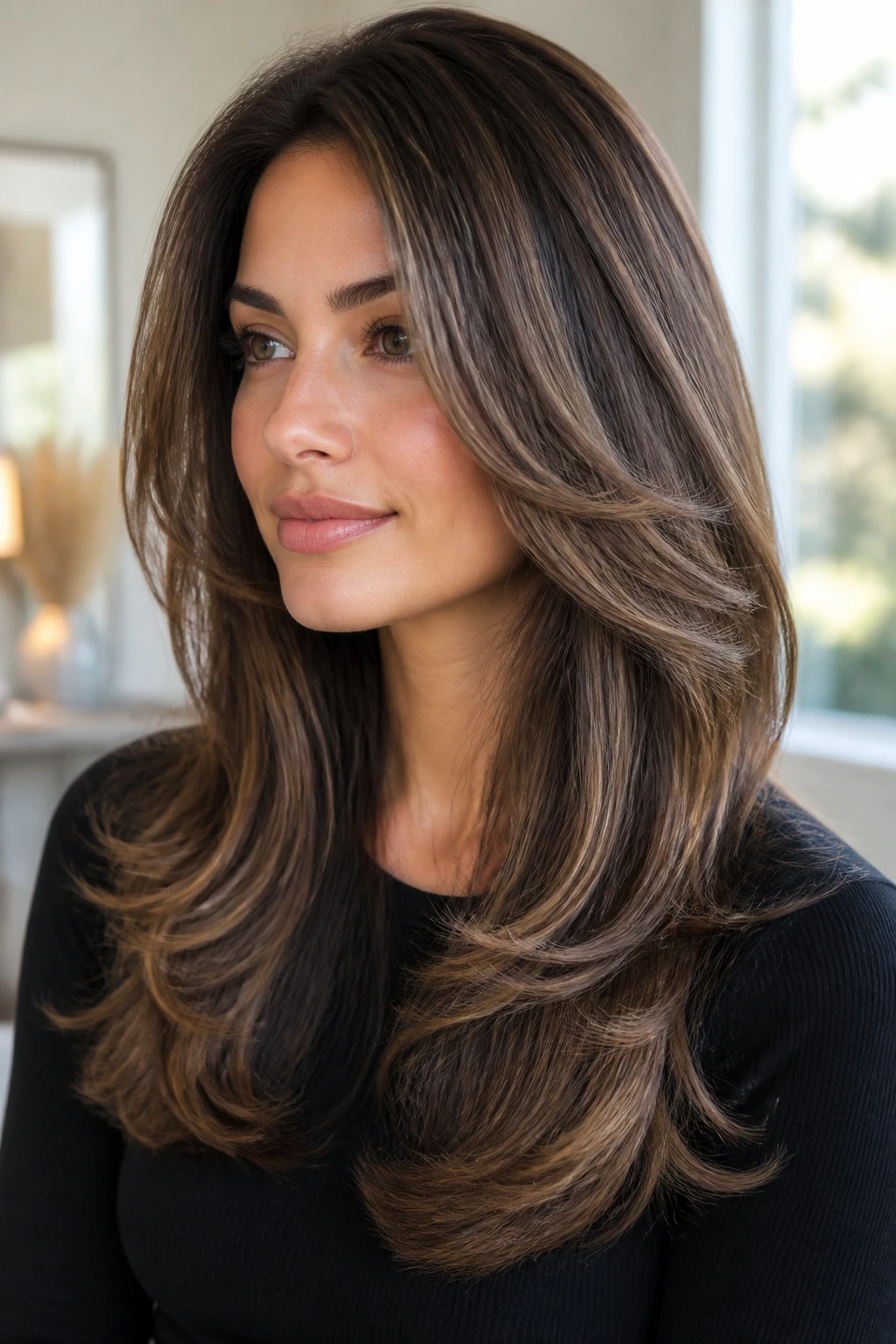 Close-up of a real woman with long layered hair and rounded blowout under warm window light.