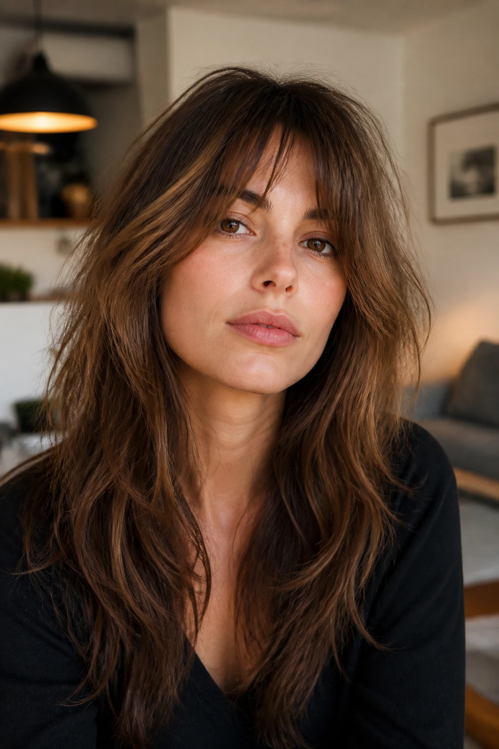 Close-up portrait of a real person with Long Layers Minimal Fringe Shag in a cozy home