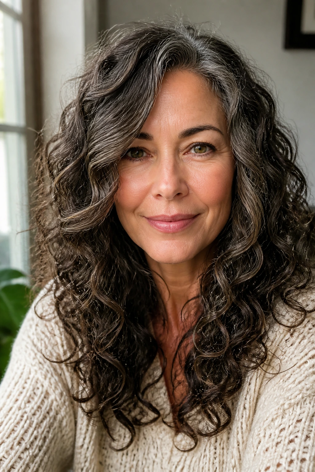Long curly hair with side part and soft face framing