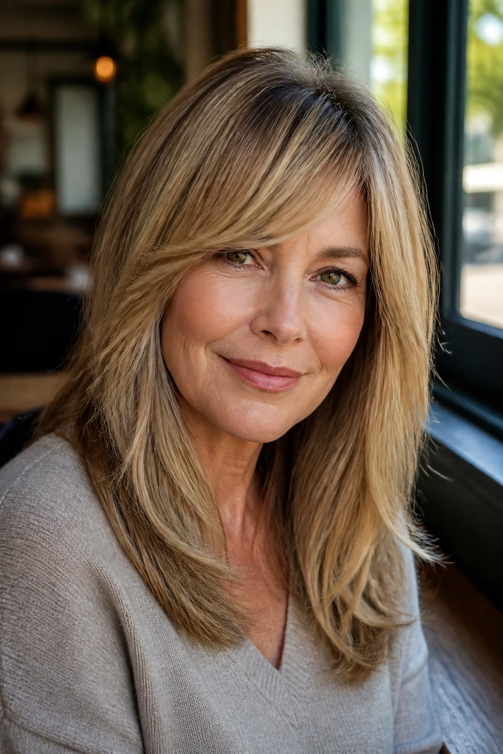 Real woman with long layers and side-swept bangs portrait