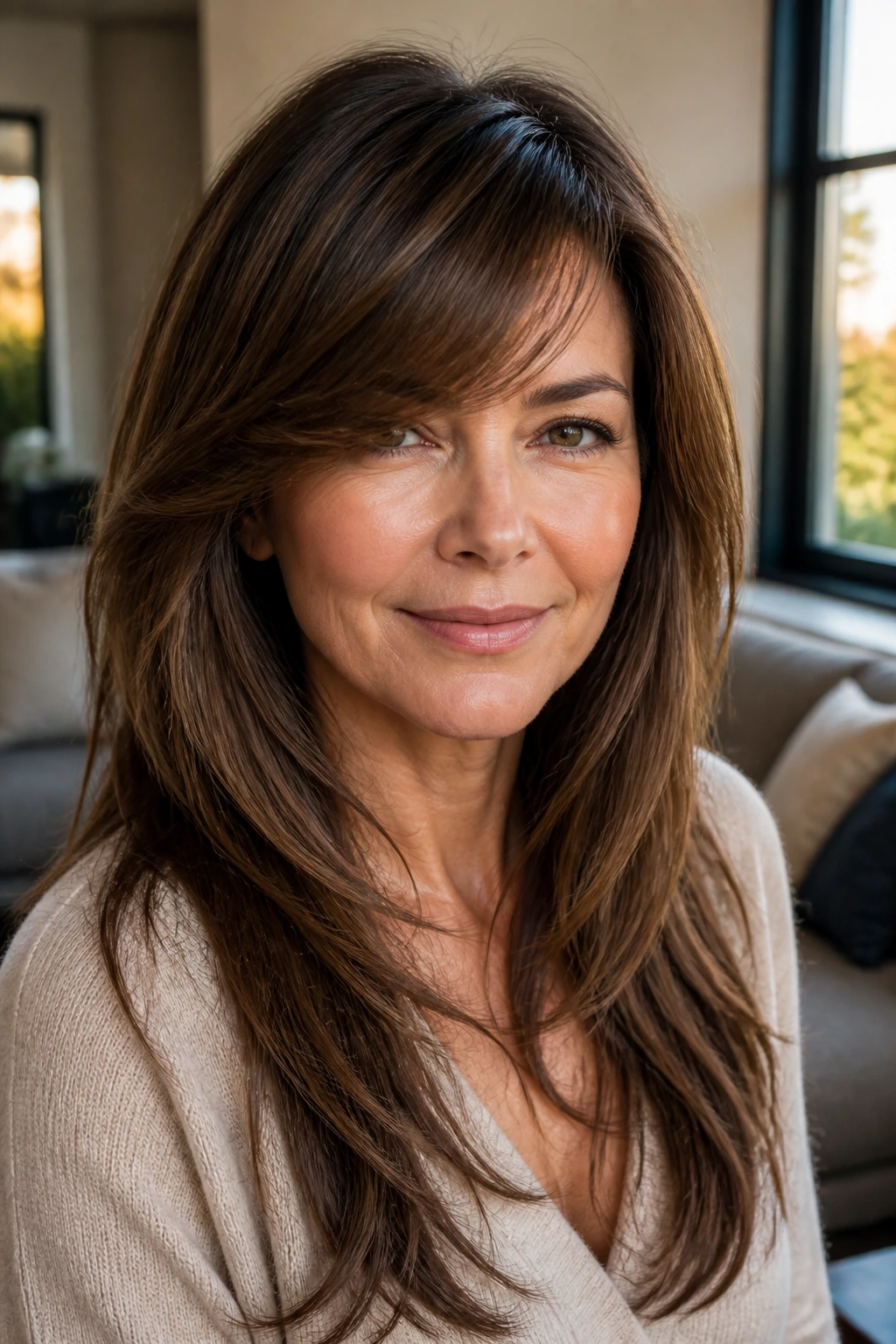 Portrait of a real woman with long layered hair and side-swept bangs.