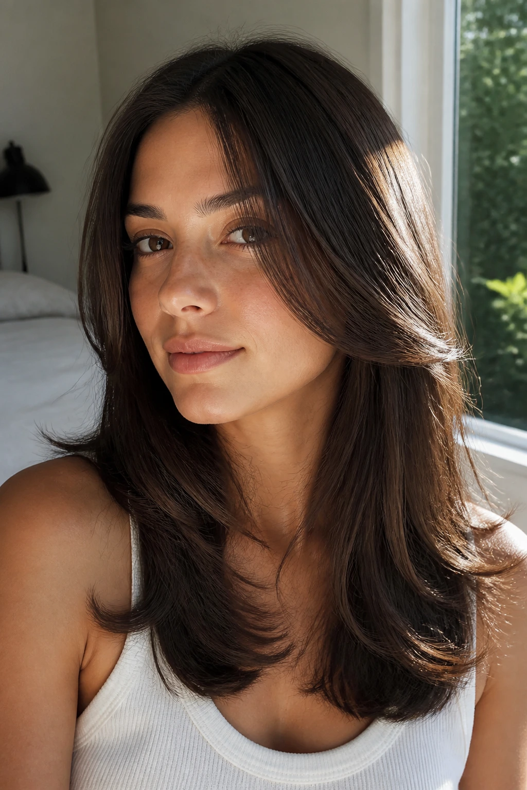 Close-up of real person with long straight hair and a slight flip at the ends.