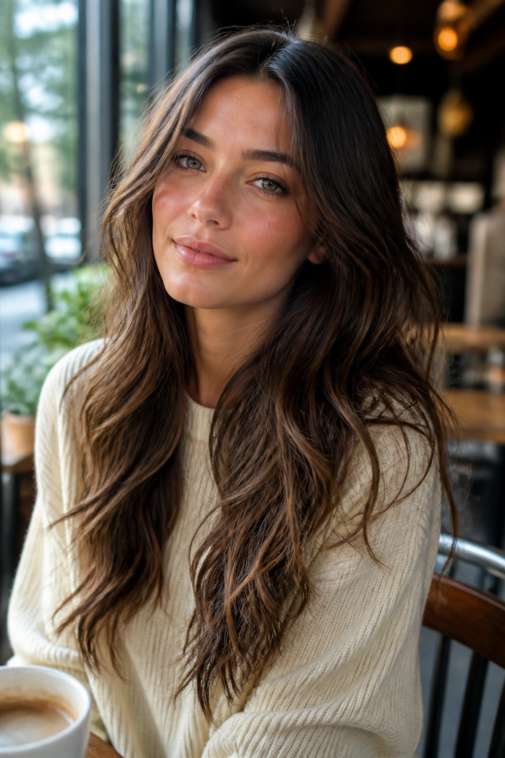 Real woman with long, layered waves in a warm cafe setting