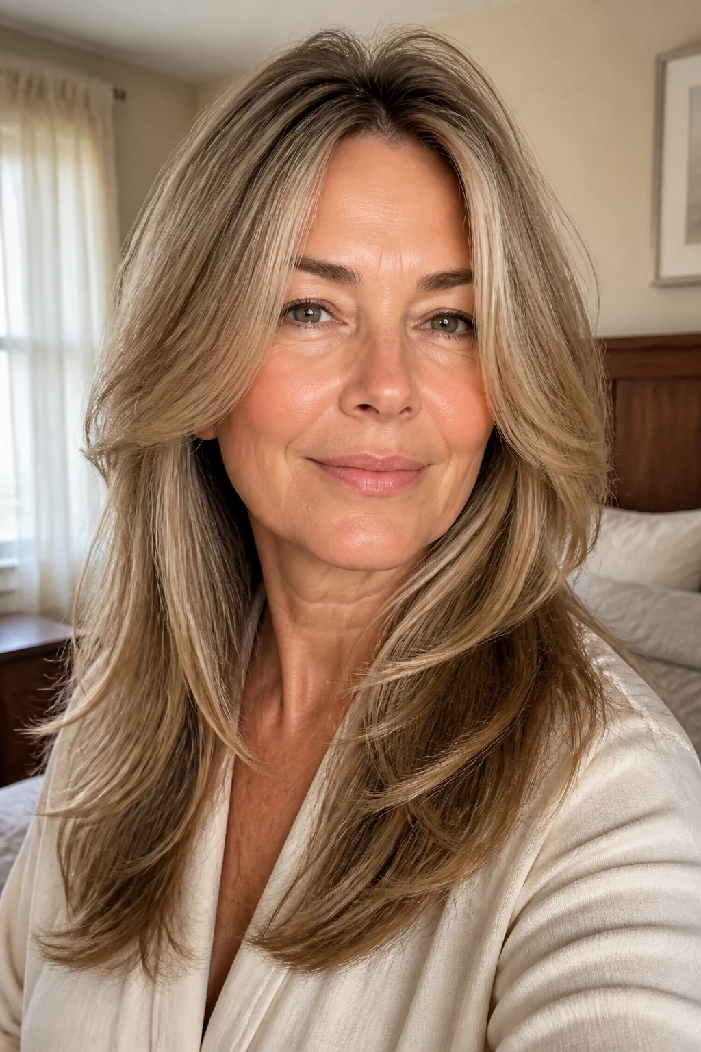 Close-up of a real woman with thick layered hair, showing movement.