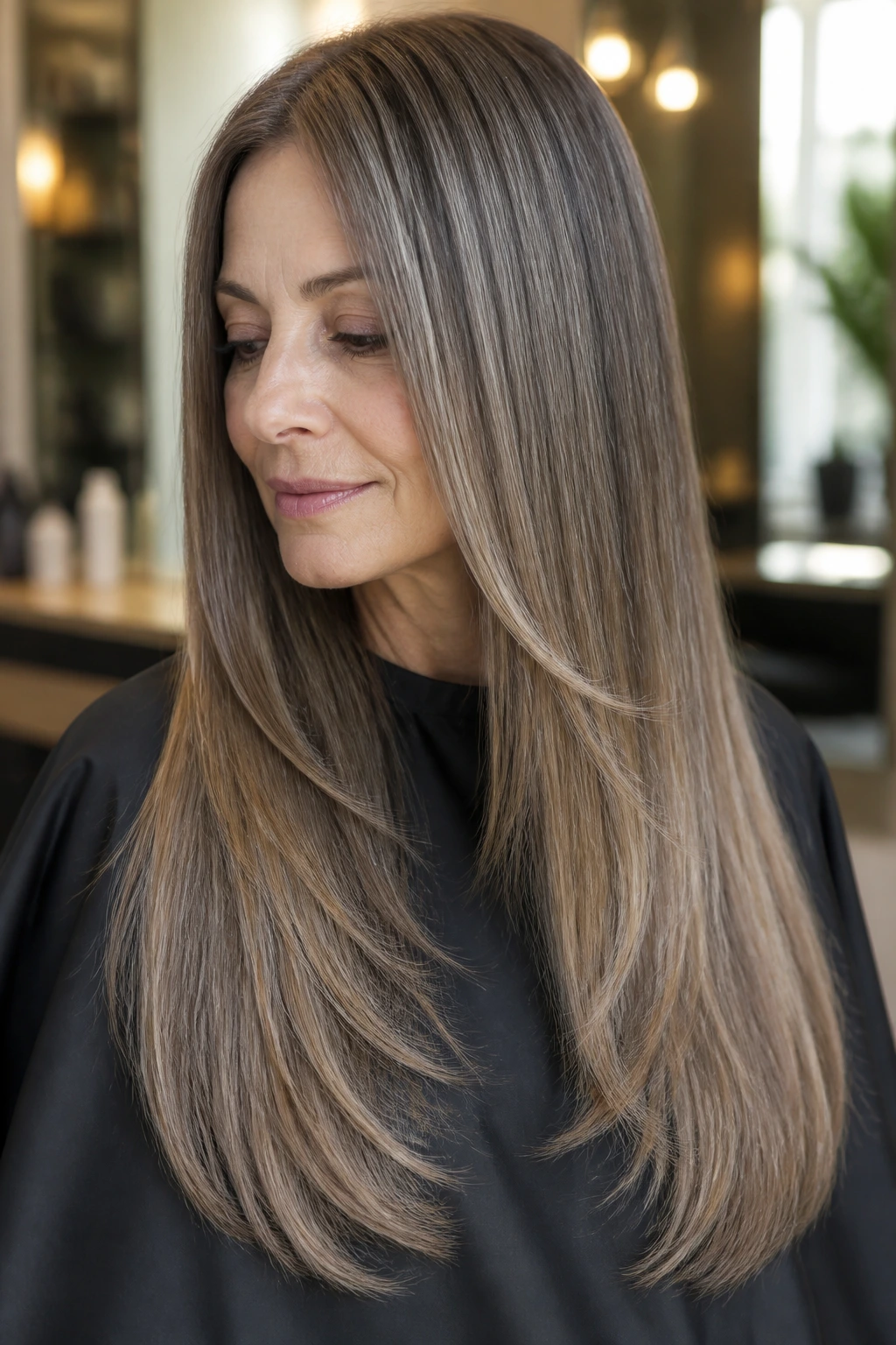 Close-up portrait of thick, straight hair with long interior layers in warm salon light
