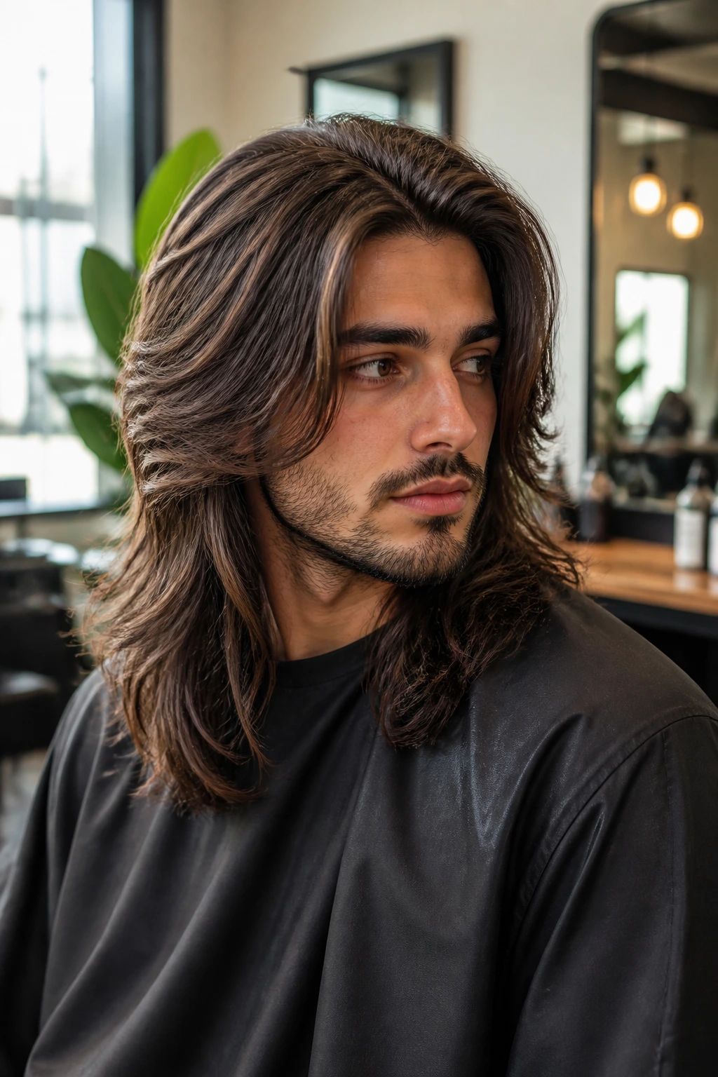 Medium close-up of a man with long layered thick hair