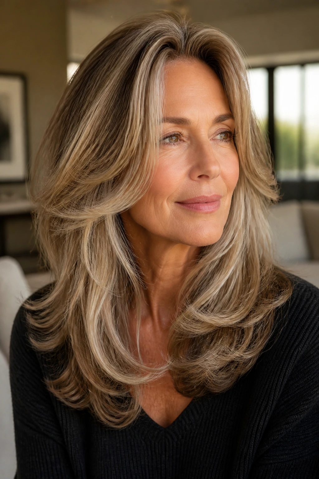 Close-up portrait of a real woman with thick layered hair