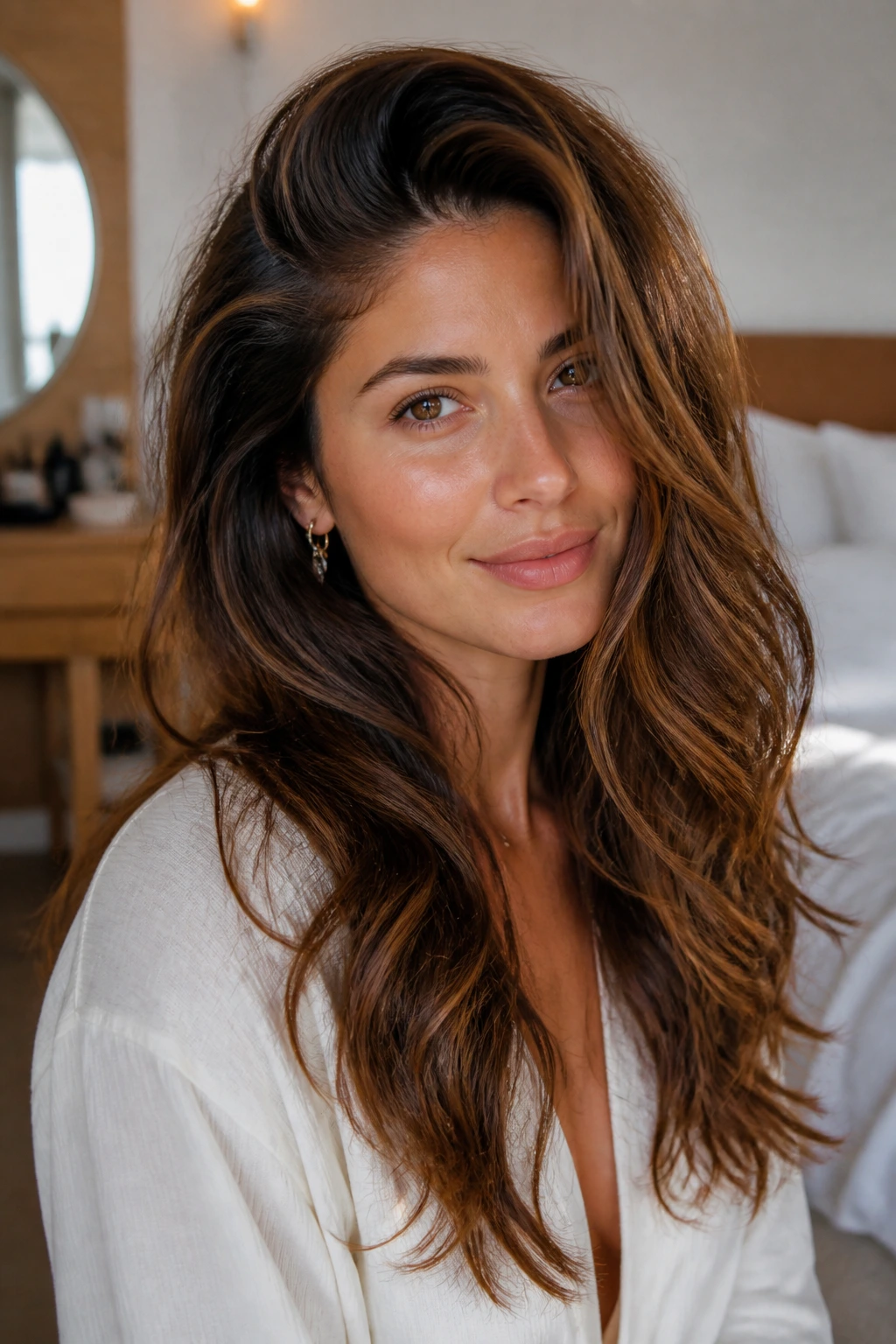 Close-up of a real woman with long layered thick waves and a deep side part