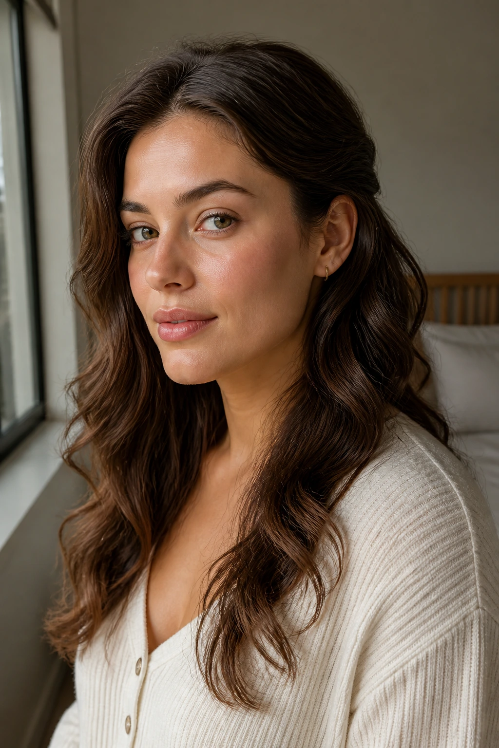 Close-up of a real woman with thick wavy long layers tucked behind her ears in warm window light