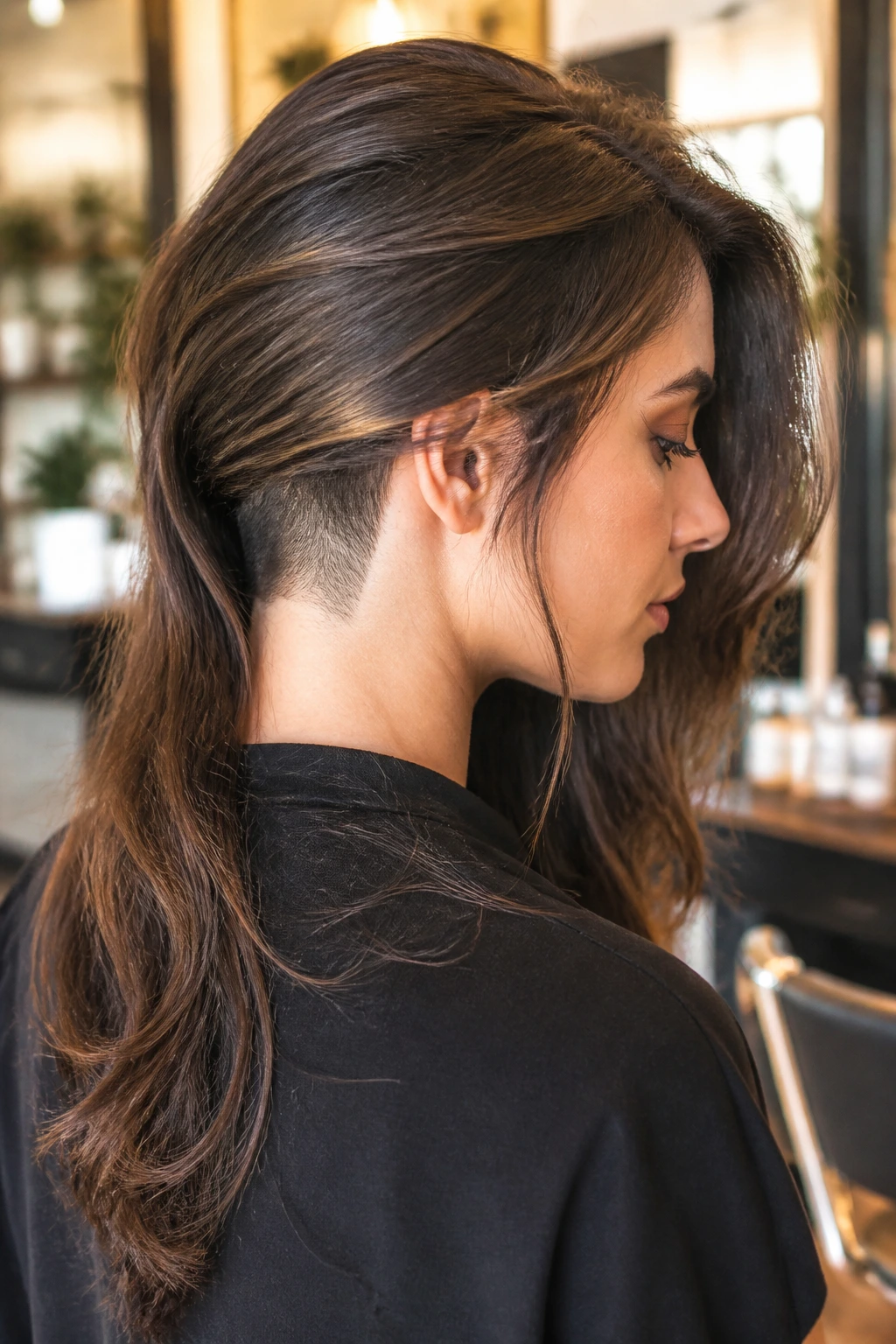 Close-up of real woman's long layered hair with hidden nape undercut in warm salon light